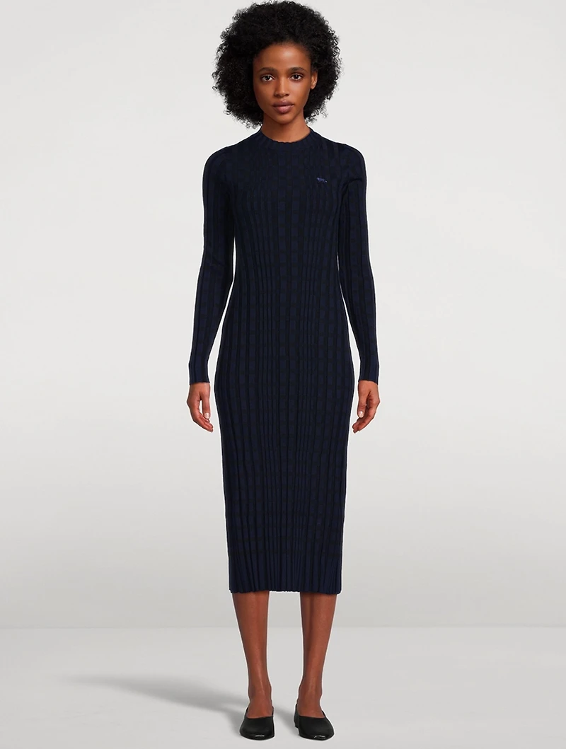 Check Rib-Knit Midi Dress