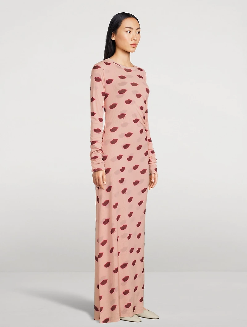 Mesh Maxi Dress Lips Print