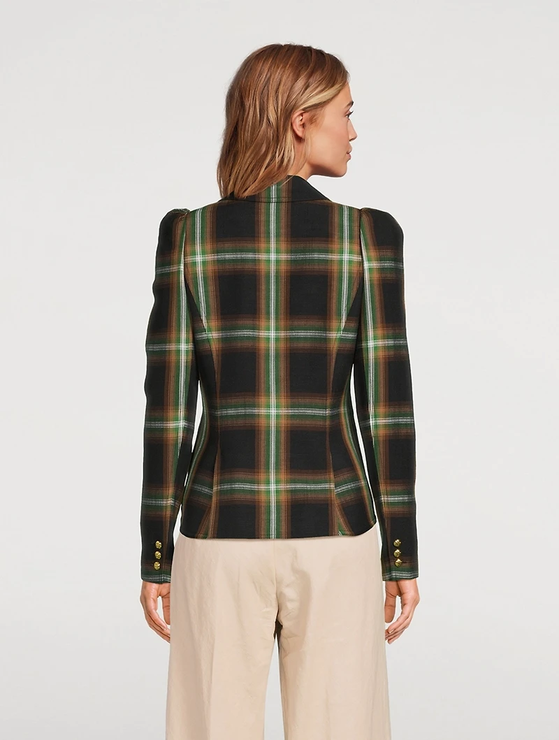 Puff-Sleeve Blazer Plaid Print