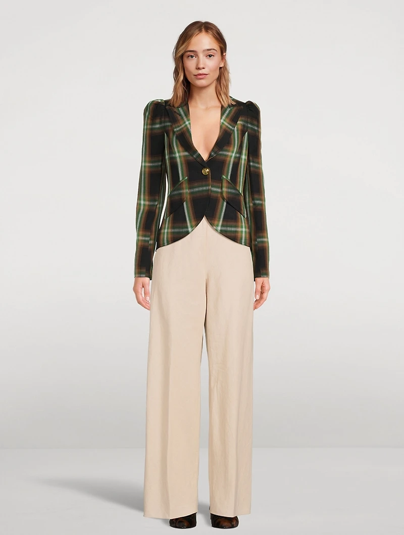 Puff-Sleeve Blazer Plaid Print