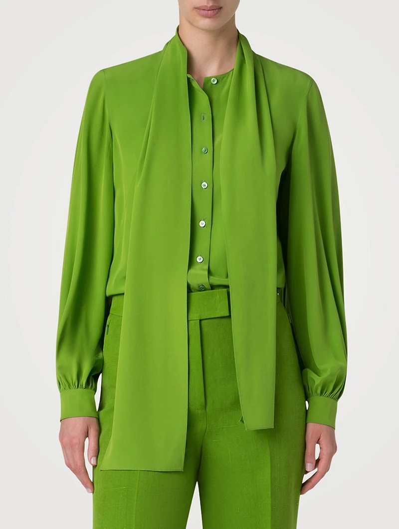 Silk Crêpe Scarf-Neck Blouse