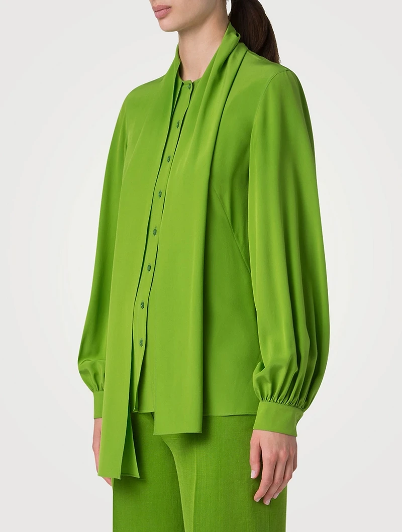 Silk Crêpe Scarf-Neck Blouse