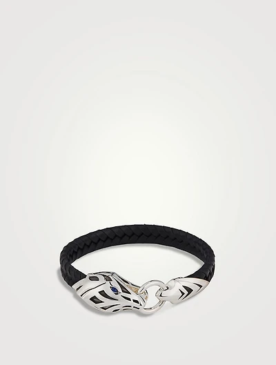 Naga Sterling Silver And Leather Bracelet With Blue Sapphire