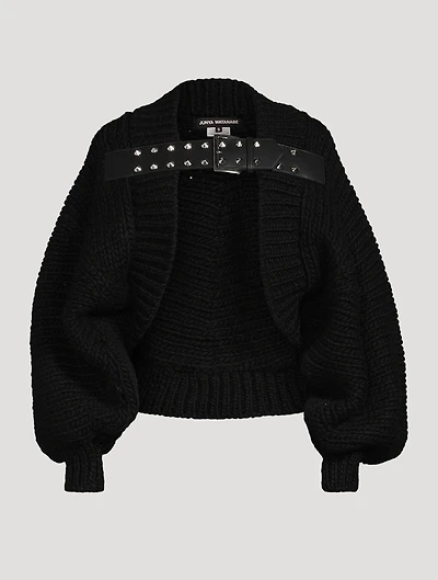 Puff-Sleeve Wool Cardigan With Buckled Strap
