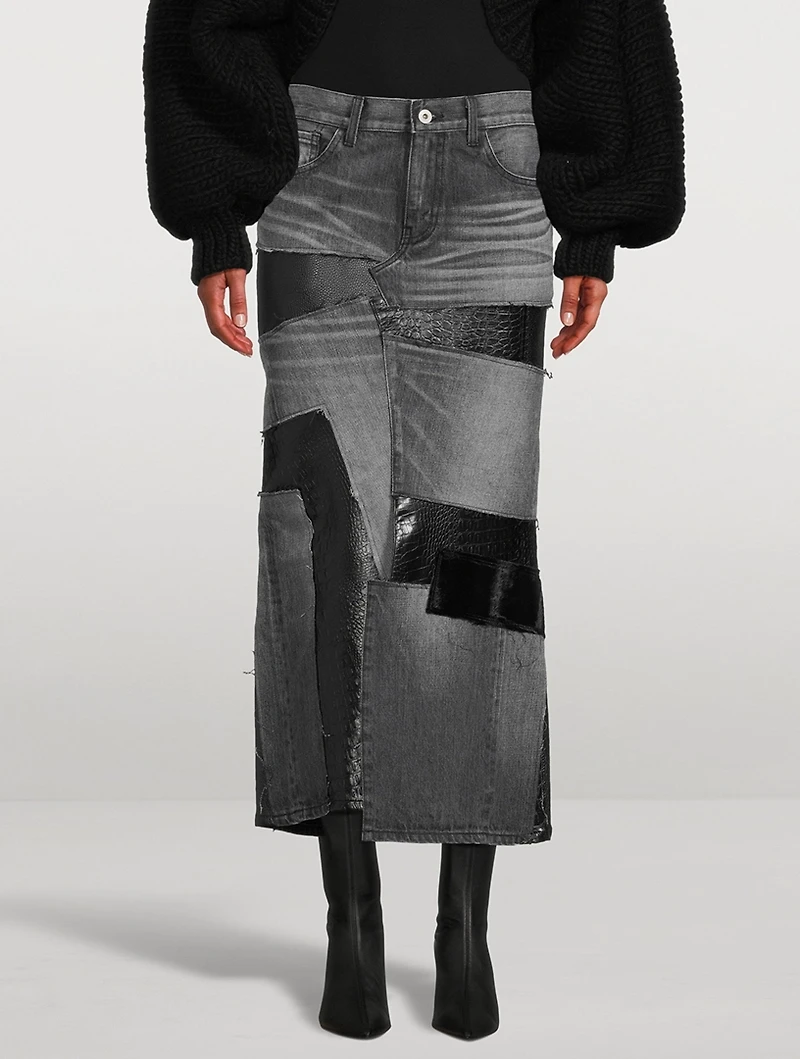 Patchwork Denim Midi Skirt