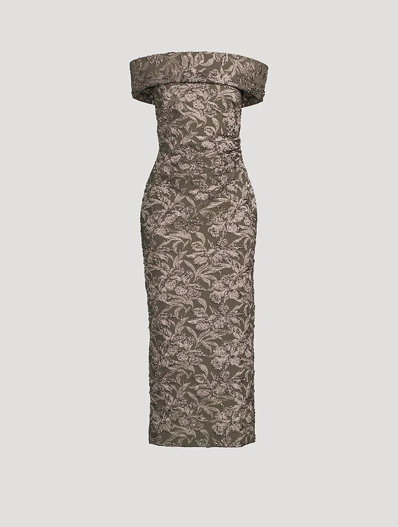 Metallic Orchid Jacquard Off-The-Shoulder Dress