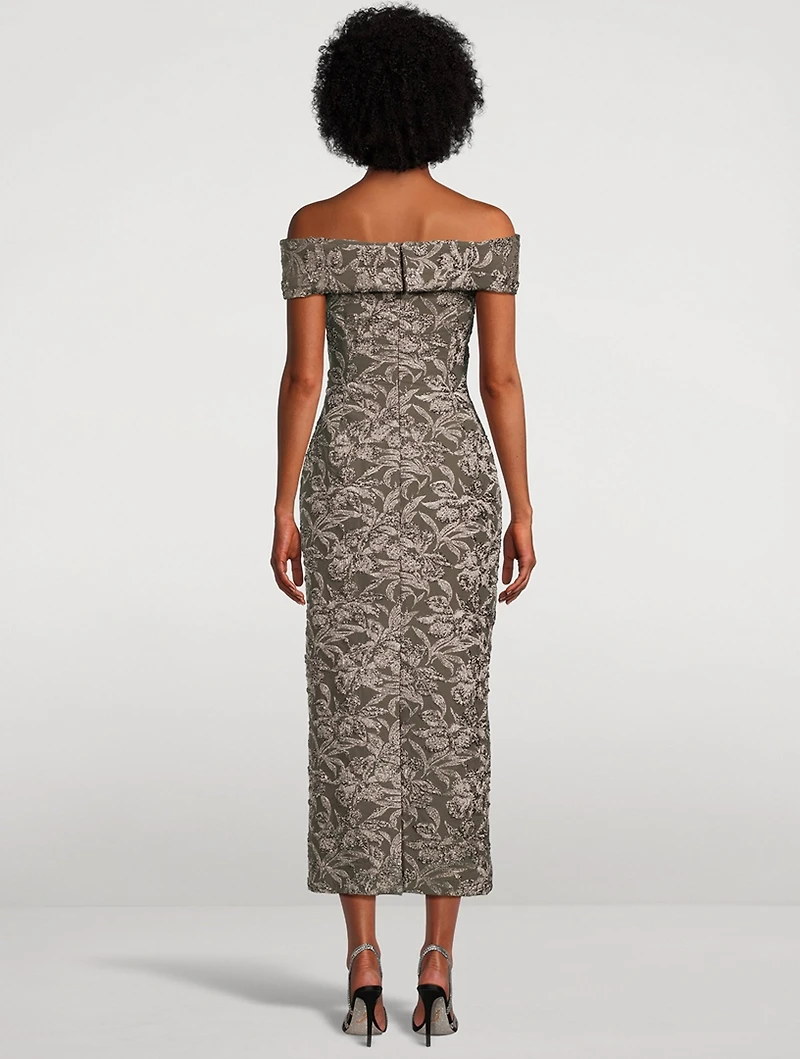Metallic Orchid Jacquard Off-The-Shoulder Dress