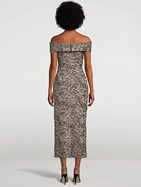 Metallic Orchid Jacquard Off-The-Shoulder Dress