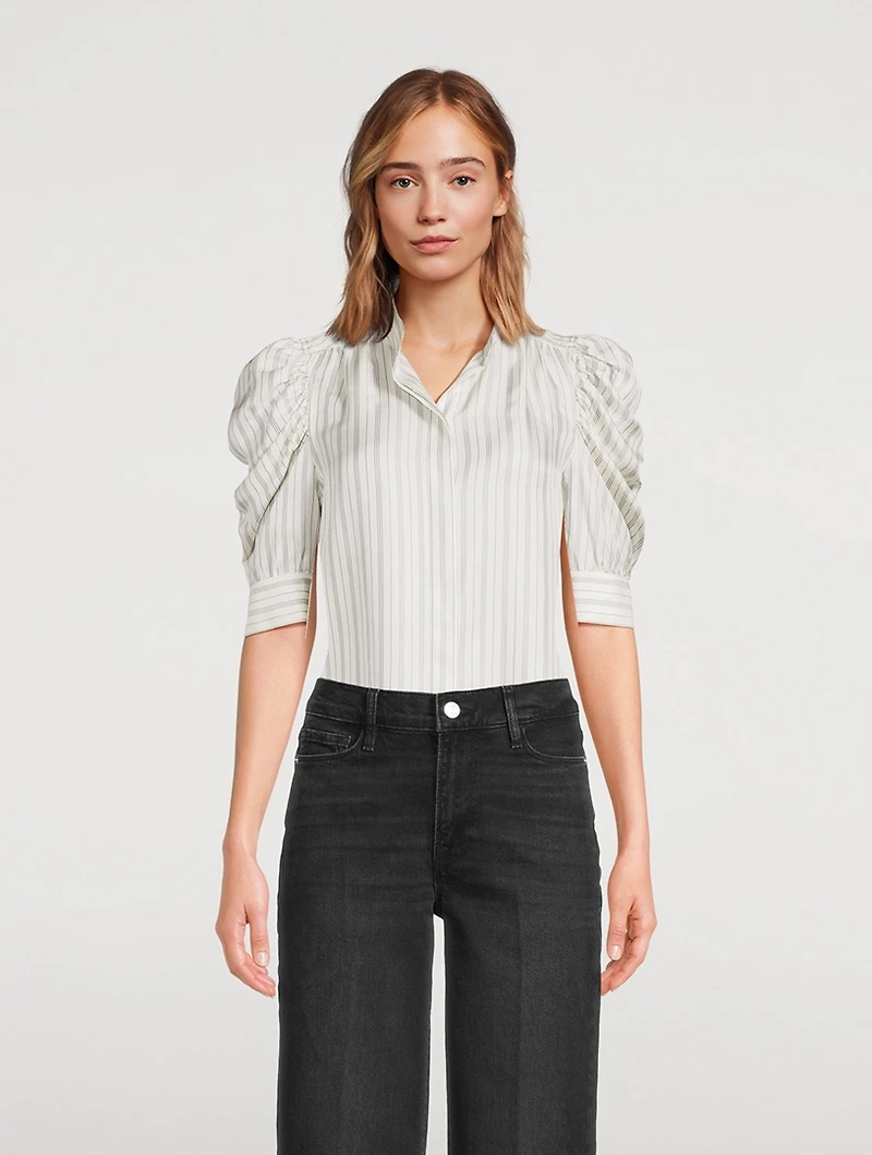 Gillian Puff-Sleeve Silk Blouse Stripe Print