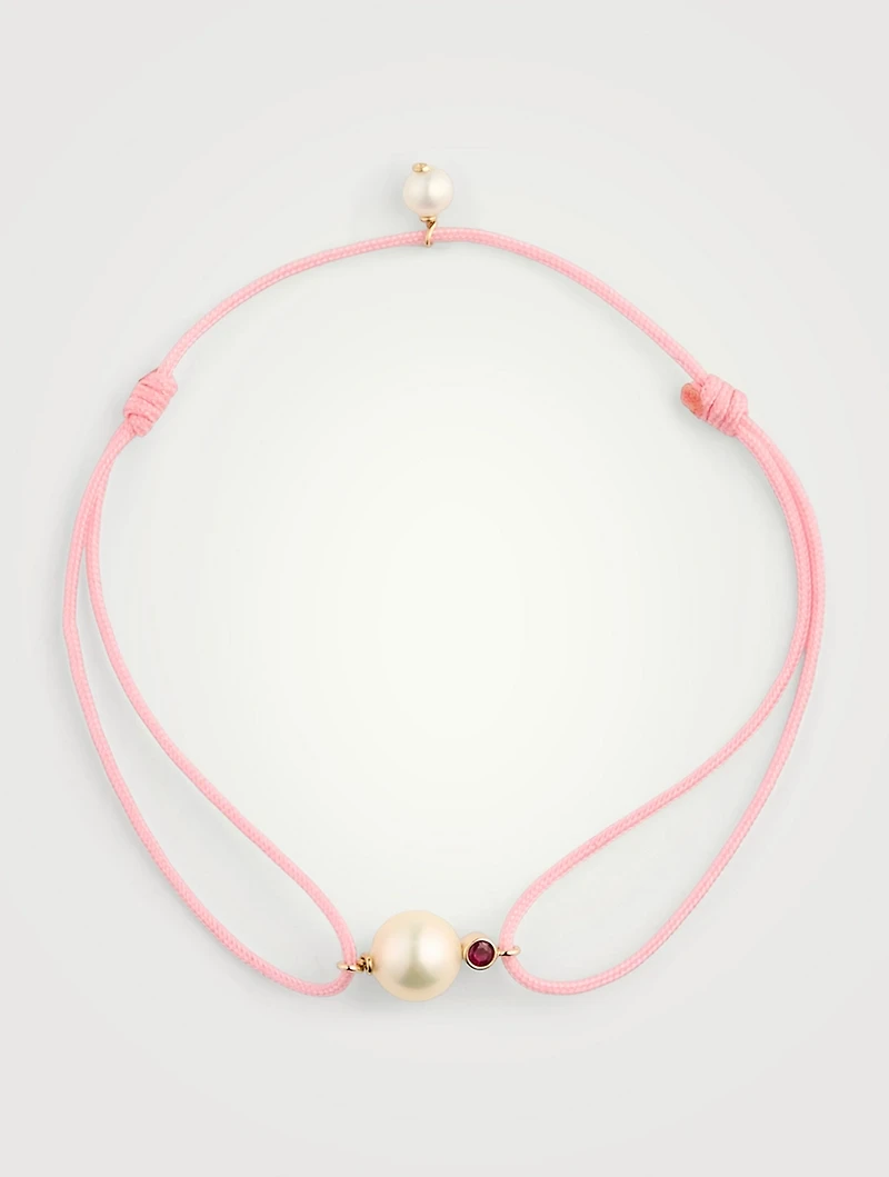 Cord And 14K Gold Bracelet With Pearls And Ruby