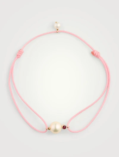 Cord And 14K Gold Bracelet With Pearls And Ruby