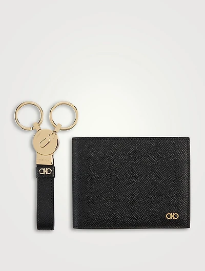Gancini Leather Bifold Wallet With Keychain Set