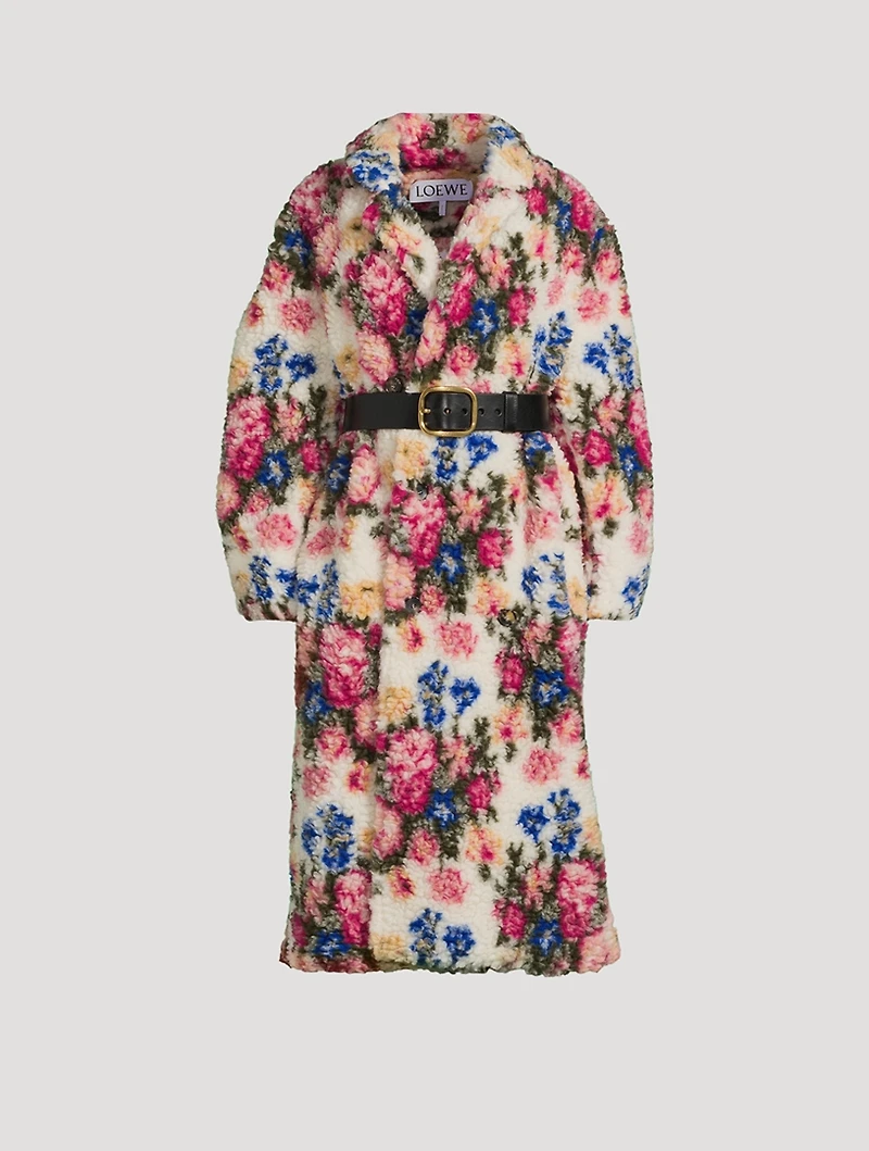 Belted Double-Breasted Teddy Coat Floral Print