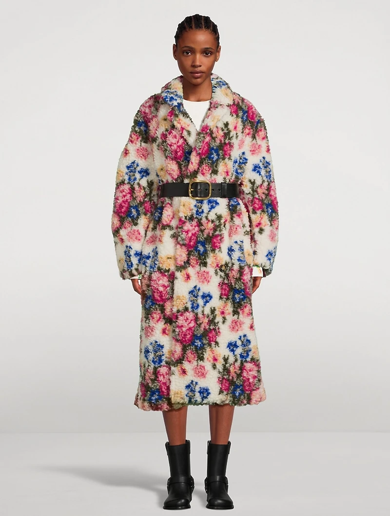 Belted Double-Breasted Teddy Coat Floral Print