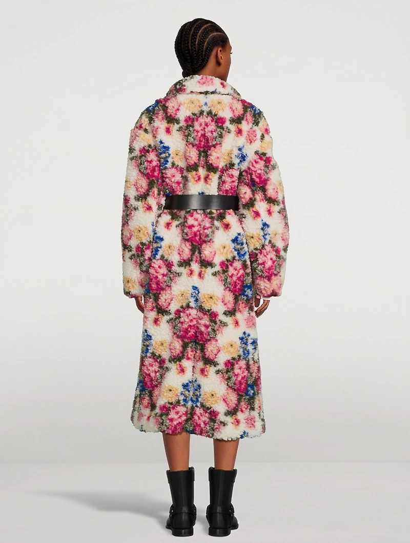Belted Double-Breasted Teddy Coat Floral Print