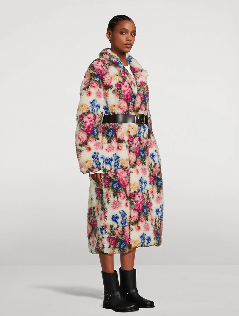Belted Double-Breasted Teddy Coat Floral Print