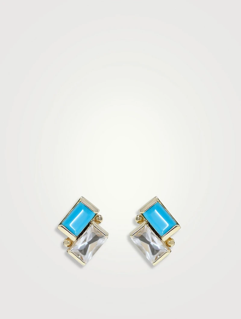 Cléo 14K Gold Deux Carré Stud Earrings With Turquoise And Topaz