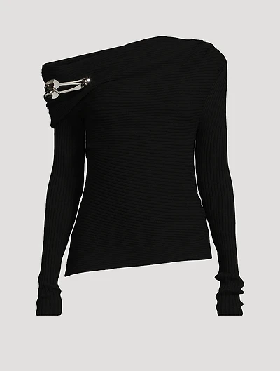 Off-The-Shoulder Ribbed Top With Spoon Brooch