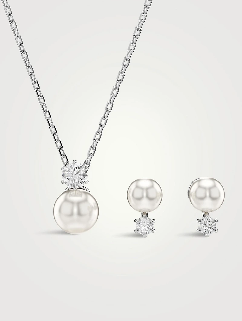 Matrix Crystal And Crystal Pearl Necklace And Stud Earrings Set