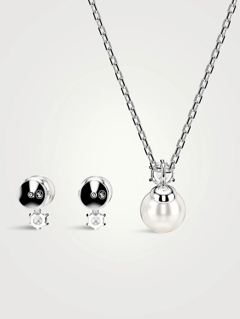 Matrix Crystal And Crystal Pearl Necklace And Stud Earrings Set