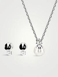 Matrix Crystal And Crystal Pearl Necklace And Stud Earrings Set