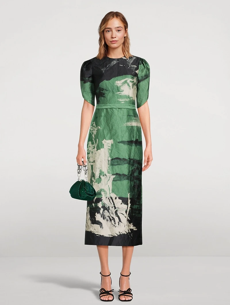 Tulip-Sleeve Midi Dress Amneris Painting Print