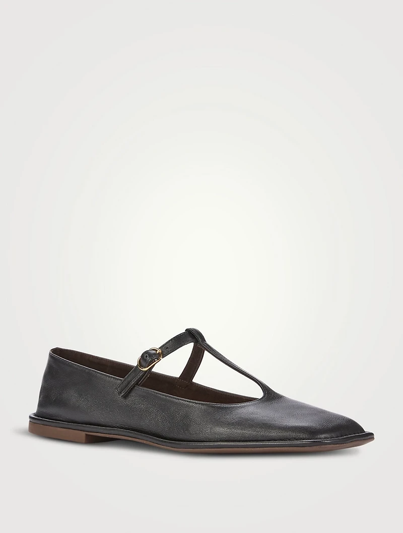 Square Leather T-Strap Ballet Flats
