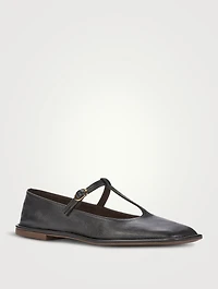 Square Leather T-Strap Ballet Flats