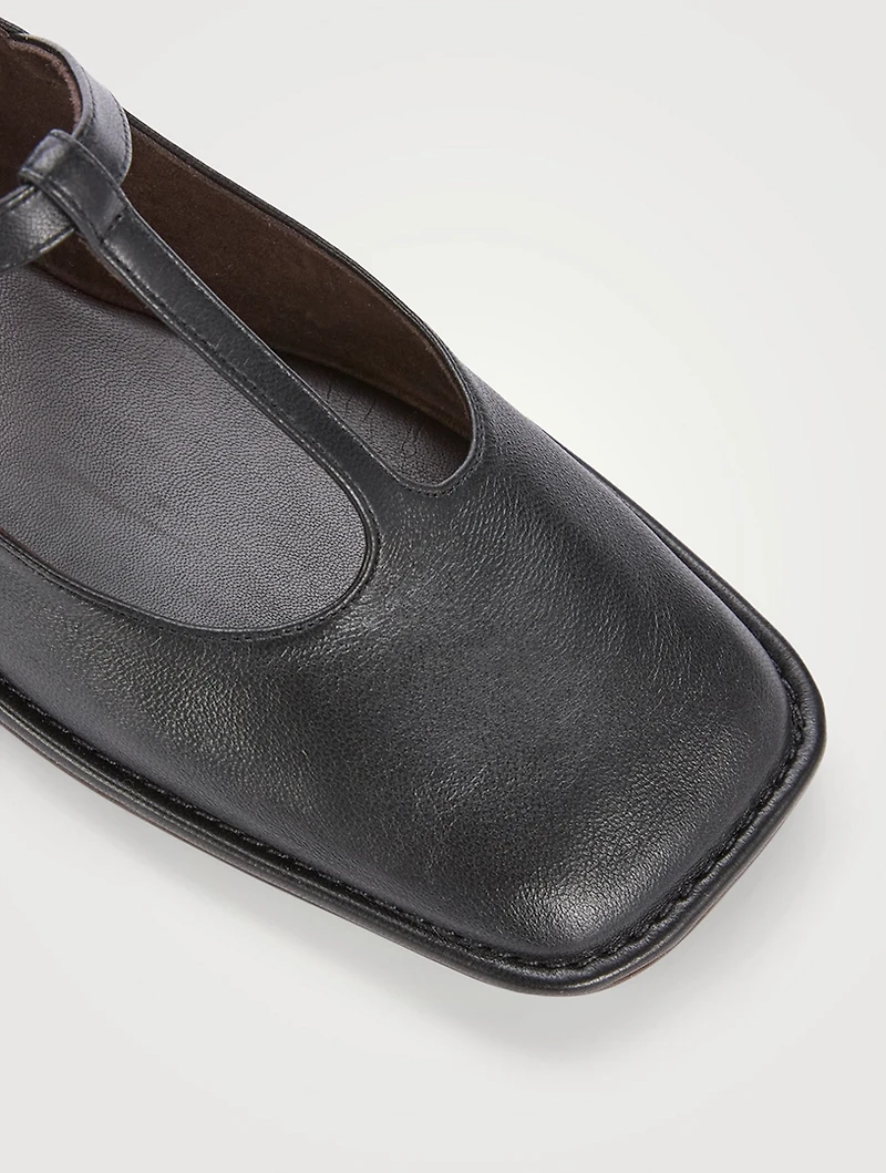 Square Leather T-Strap Ballet Flats