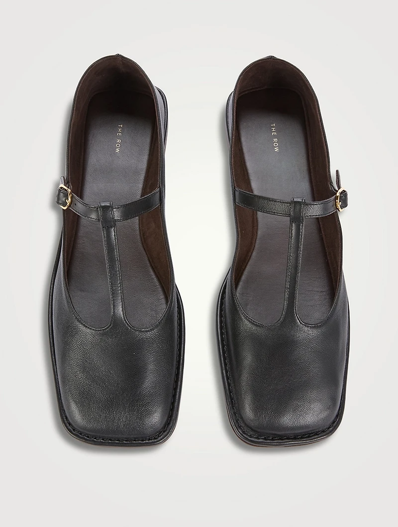 Square Leather T-Strap Ballet Flats