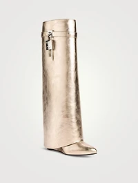 Shark Lock Metallic Leather Knee-High Boots