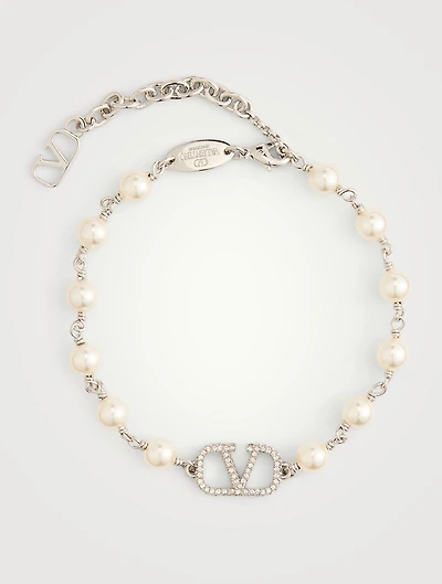 VLogo And Faux Pearl Chain Bracelet