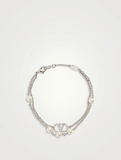 VLogo And Faux Pearl Double-Chain Bracelet