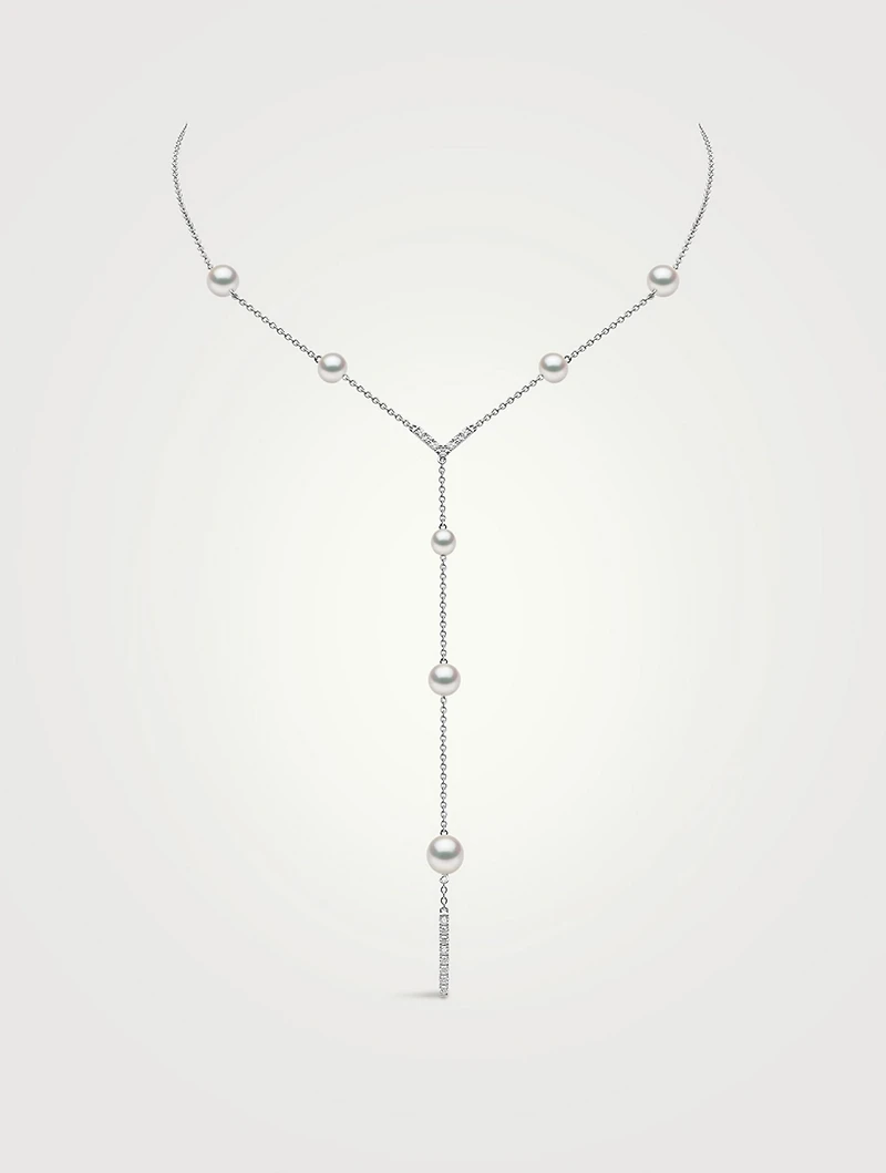 Trend 18K White Gold Freshwater Pearl and Diamond V Necklace