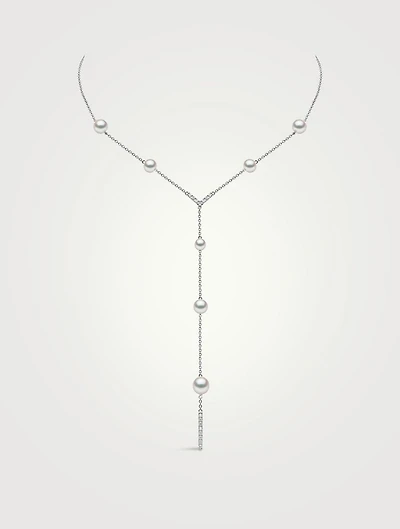 Trend 18K White Gold Freshwater Pearl and Diamond V Necklace