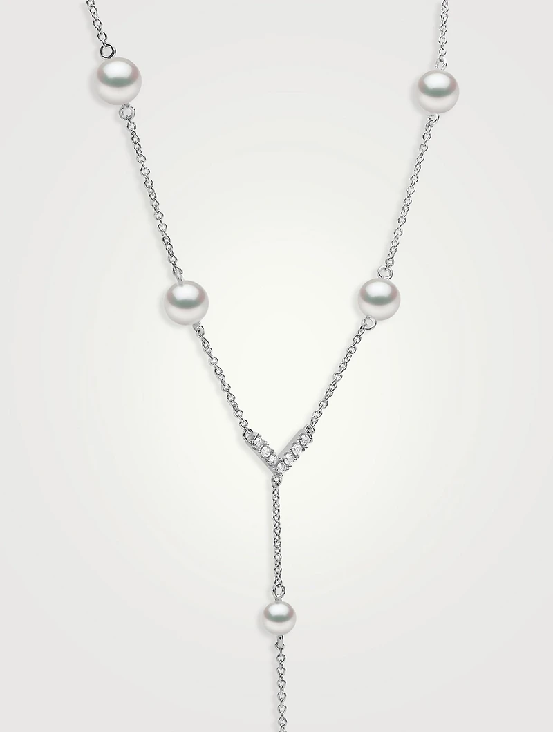 Trend 18K White Gold Freshwater Pearl and Diamond V Necklace