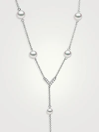 Trend 18K White Gold Freshwater Pearl and Diamond V Necklace
