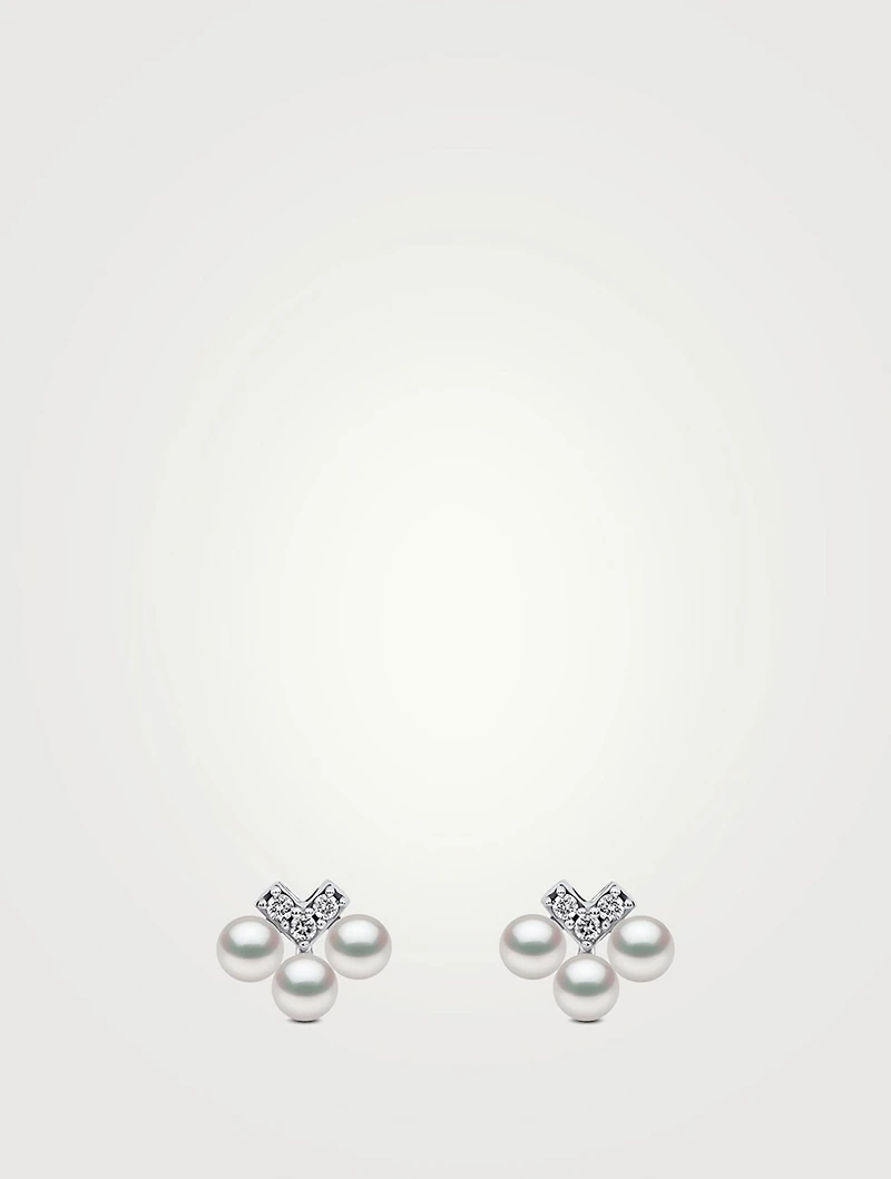 Sleek 18K White Gold Pearl And Diamond V Stud Earrings