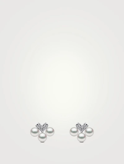Sleek 18K White Gold Pearl And Diamond V Stud Earrings
