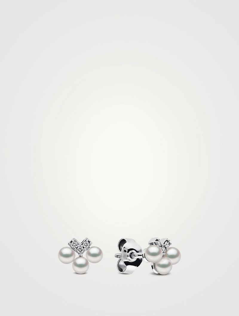 Sleek 18K White Gold Pearl And Diamond V Stud Earrings