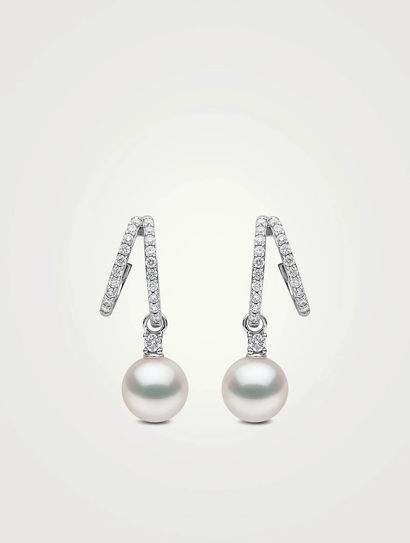 Jazz 18K White Gold Akoya Pearl and Double Hoop Diamond Earrings