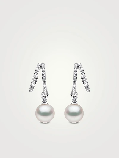 Jazz 18K White Gold Akoya Pearl and Double Hoop Diamond Earrings