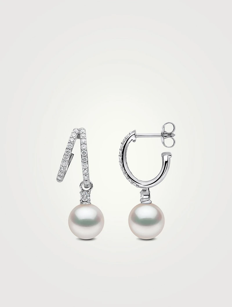 Jazz 18K White Gold Akoya Pearl and Double Hoop Diamond Earrings