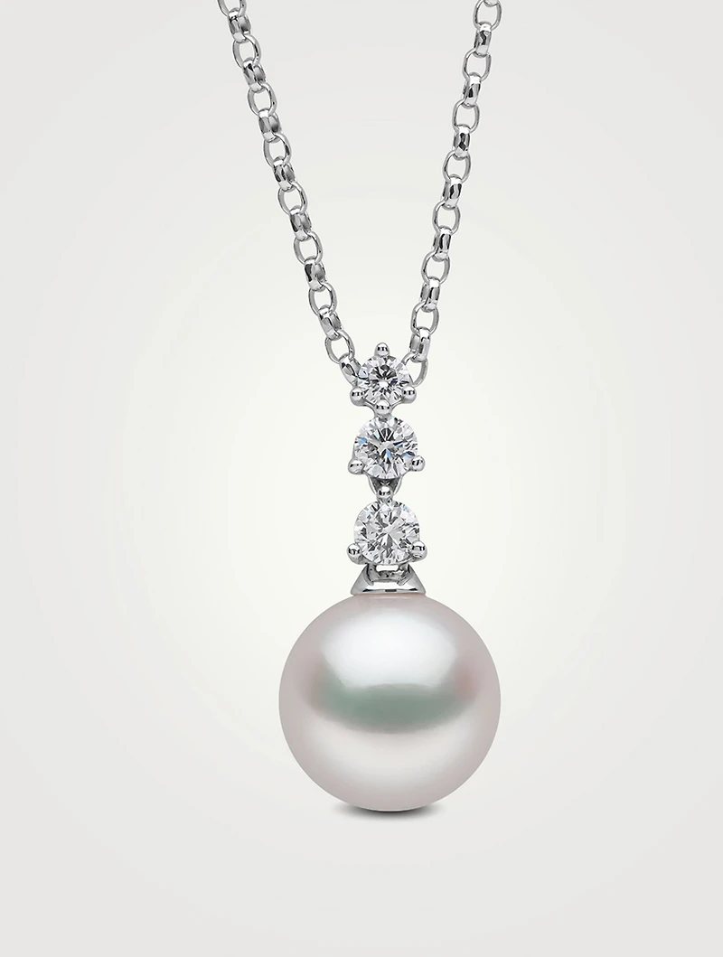 Diamond Classic 18K White Gold Akoya Pearl Triple Diamond Drop Pendant Necklace