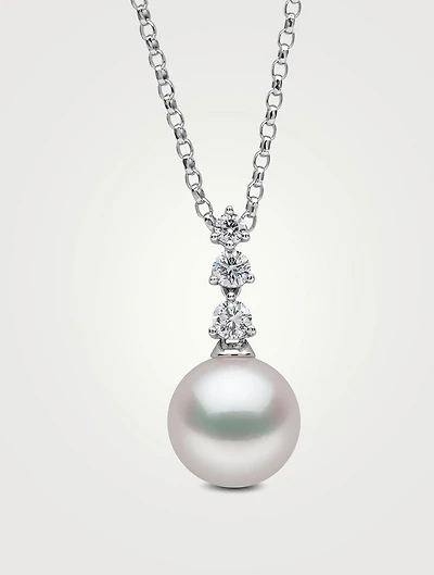 Diamond Classic 18K White Gold Akoya Pearl Triple Diamond Drop Pendant Necklace