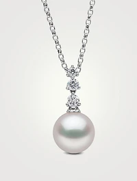 Diamond Classic 18K White Gold Akoya Pearl Triple Diamond Drop Pendant Necklace