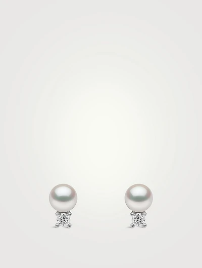 Trend 18K White Gold Freshwater Pearl And Diamond Petite Stud Earrings