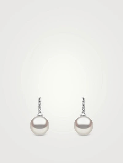 Classic 18K White Gold Freshwater Pearl And Diamond Earrings