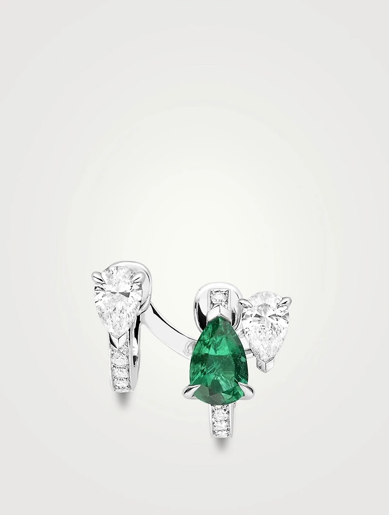 Left Serti Sur Vide White Gold Earring With Emerald And Diamonds