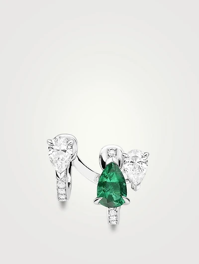 Left Serti Sur Vide White Gold Earring With Emerald And Diamonds